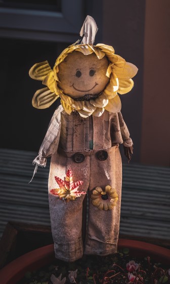 A small, homemade stuffed scarecrow in a plant pot.